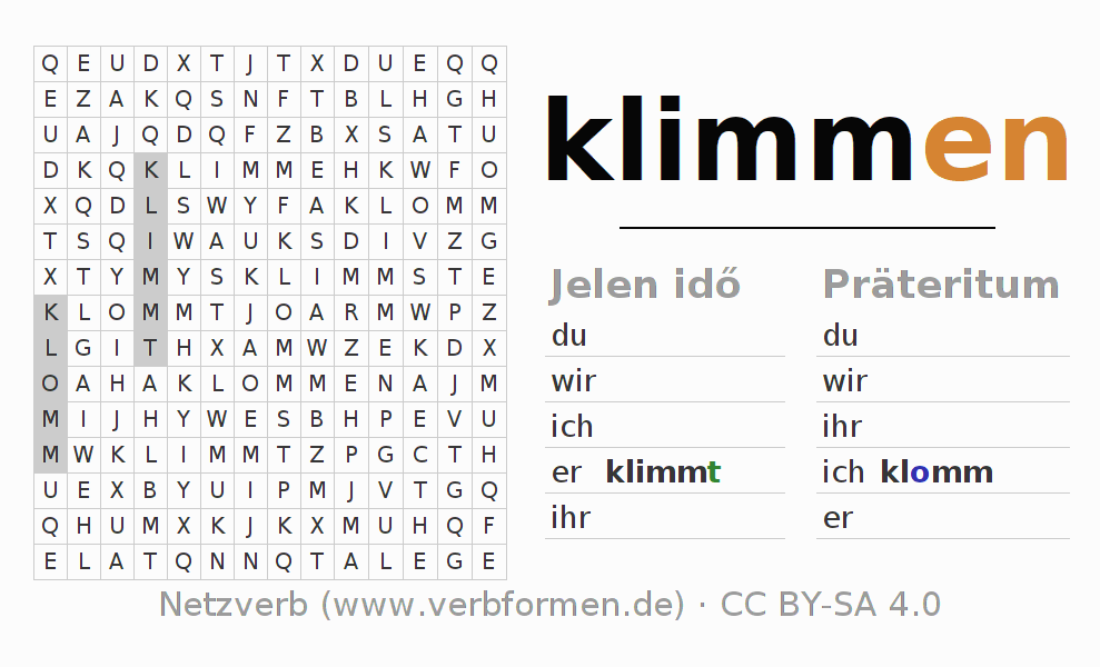Szókereső rejtvény a(z) klimmen (unr) német ige ragozásához